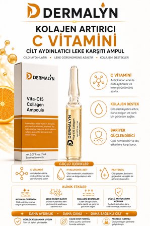 DERMALYN 1 Adet Kolajen Artırıcı C Vitamini Cilt Aydınlatıcı Leke Karşıtı Ampul Serum Dermaroller Dermapen