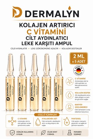 DERMALYN 5 Adet Kolajen Artırıcı C Vitamini Cilt Aydınlatıcı Leke Karşıtı Ampul Serum Dermaroller Dermapen