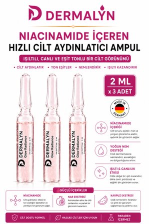 DERMALYN 3 Adet Niacinamide İçeren Hızlı Cilt Aydınlatıcı Glow Etkili Nemlendirici Ampul Serum Dermaroller