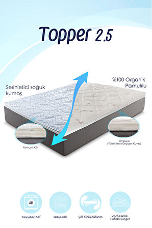 Topper 2.5 - Serinletici Soğuk ve Organik Pamuk Kılıflı Visco Yatak Pedi - Yıkanabilir Kılıflı