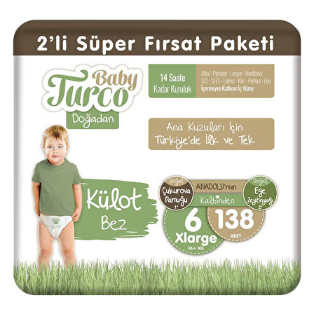 Baby Turco Doğadan 2'li Süper Fırsat Paketi Külot Bez 6 Numara Xlarge 138 Adet