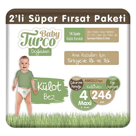 Baby Turco Doğadan 2'li Süper Fırsat Paketi Külot Bez 4 Numara Maxi 246 Adet