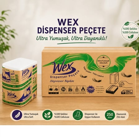 Wex Dispenser Peçete 5 Koli Toplam 90 Paket, 250 Yaprak, 2 Katlı, %100 Selüloz