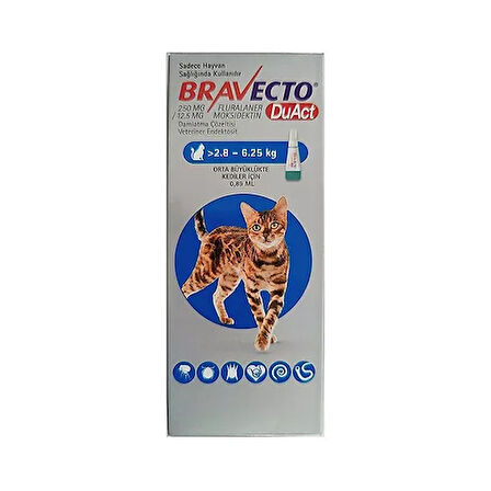Bravecto DuAct Kedi 2.8 - 6.25 kg Orta Büyüklükte Kediler İçin 0,89 ml Damla