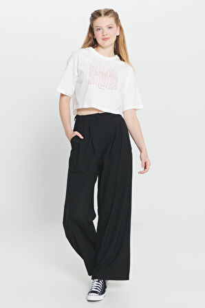 Oversize Fit Bol Kesim %100 Pamuk Bisiklet Yaka Baskılı Crop Tişört