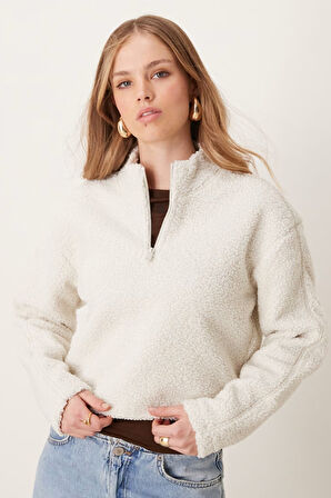 Calvin Klein Sport Sherpa Half Zip Sweatshirt Kadın Yarım Fermuar Rahat Kesim Crop Polar Sweatshirt Bej