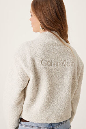 Calvin Klein Sport Sherpa Half Zip Sweatshirt Kadın Yarım Fermuar Rahat Kesim Crop Polar Sweatshirt Bej