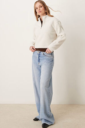 Calvin Klein Sport Sherpa Half Zip Sweatshirt Kadın Yarım Fermuar Rahat Kesim Crop Polar Sweatshirt Bej