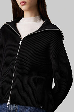 Calvin Klein Chunky Women's Cardigan Kadın Bol Kesim Fermuarlı Devrik Yaka Sweatshirt Siyah