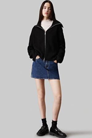 Calvin Klein Chunky Women's Cardigan Kadın Bol Kesim Fermuarlı Devrik Yaka Sweatshirt Siyah