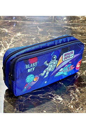 Astronot Uzay Roket Desenli İki Bölmeli Çocuk Okul Mavi Erkek Kalemlik Kalem Kutusu 21 x 11 x 6 cm Mavi
