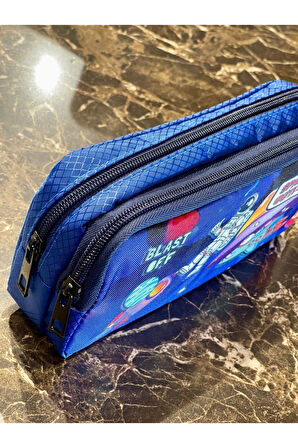 Astronot Uzay Roket Desenli İki Bölmeli Çocuk Okul Mavi Erkek Kalemlik Kalem Kutusu 21 x 11 x 6 cm Mavi