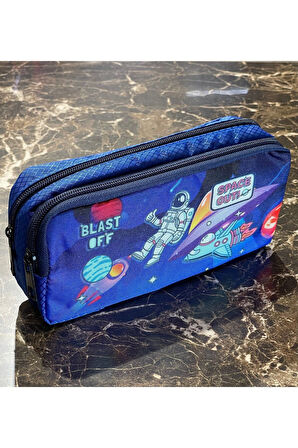 Astronot Uzay Roket Desenli İki Bölmeli Çocuk Okul Mavi Erkek Kalemlik Kalem Kutusu 21 x 11 x 6 cm Mavi