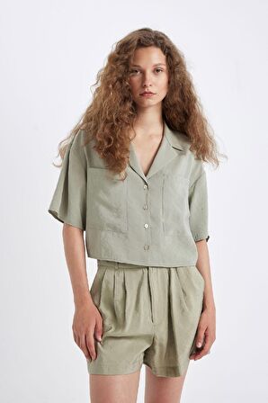 DeFacto Oversize Geniş Kalıp Pijama Yaka Modal Kısa Kollu Gömlek X7255AZ24HSGN497