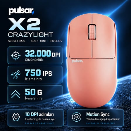 Pulsar X2 CrazyLight 8K Hz XS-1 Sensör Sunset Haze Kablosuz Size 1 Mini Simetrik Gaming Mouse (PX2CL105)
