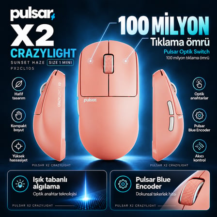 Pulsar X2 CrazyLight 8K Hz XS-1 Sensör Sunset Haze Kablosuz Size 1 Mini Simetrik Gaming Mouse (PX2CL105)