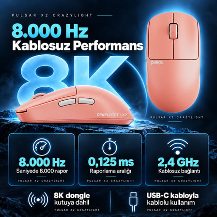 Pulsar X2 CrazyLight 8K Hz XS-1 Sensör Sunset Haze Kablosuz Size 1 Mini Simetrik Gaming Mouse (PX2CL105)