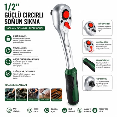 1/2" Cırcır Somun Sıkma Kolu 17 mm