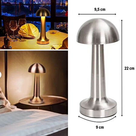 CELİK AVM® Mantar Model Silver Renk Şarjlı Dokunmatik 3 Renkli LED Masa Lambası