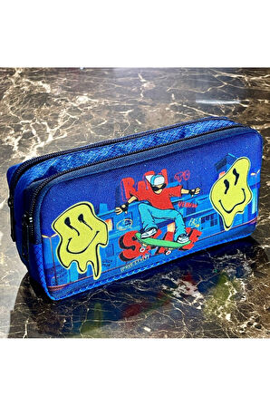 Kaykay Gülen Yüz Desenli İki Bölmeli Çocuk Okul Erkek Kalemlik Kalem Kutusu 21 x 11 x 6 cm