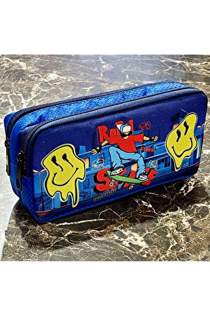 Kaykay Gülen Yüz Desenli İki Bölmeli Çocuk Okul Erkek Kalemlik Kalem Kutusu 21 x 11 x 6 cm