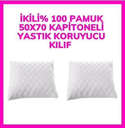 2Adet Kapitoneli Yastık KoruyucuYastık Kılıfı Femuarlı 100% Pamuklu Terletmez 50x70M Ebatında beyaz