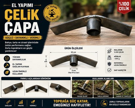 50 Yıllık AHİ Ustadan El Yapımı Çelik Çapa, Tarım Çapası, Bahçe Çapası, (Sap Hariçtir)