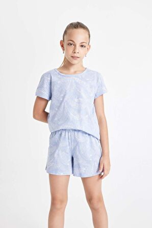 DeFacto Kız Çocuk Pijama Takımı Desenli Kısa Kollu Üst Şort C8502A824SMBE571