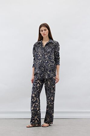 Wide Leg Desenli Kumaş Pantolon Yüksek Bel Geniş Paça