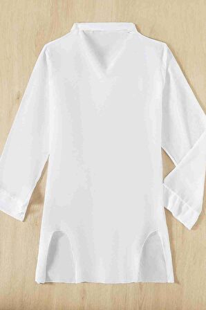 Angelsin Şifon Gömlek Plaj Elbisesi Pareo Kimono Kaftan Beyaz