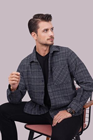 Lacivert Hasır Desenli Oduncu Oversize   Erkek Gömlek