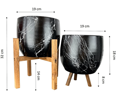 Ev Dekorasyon Aksesuar Siyah Granit Toprak Saksı Saksılık Salon Çiçeklik İkili Set 3 Ayaklı- 4 Ayaklı- 19 CM