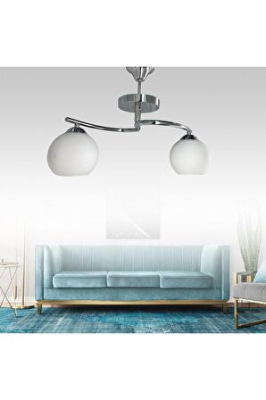 Fuji Krom 2'li Beyaz Camlı Avize | Kaliteli Modern Metal Avize