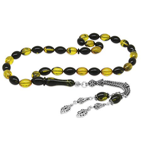 925 Ayar Gümüş Çift Püsküllü Arpa Kesim Sarı-Siyah Ateş Kehribar Tesbih