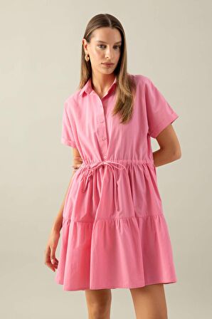 DeFacto Gömlek Yaka Beli Büzgülü Poplin Kısa Kollu Mini Pembe Elbise C5698AX24SMPN237
