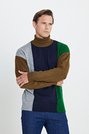 Erkek Haki-Lacivert Oversize Fit Bol Kesim Tam Balıkçı Yaka Triko Kazak