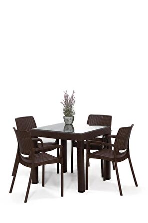 Rattan Small Lüx Camlı Kahve Masa Takımı Bahçe&balkon 1 Camlı Masa + 4 Sandalye