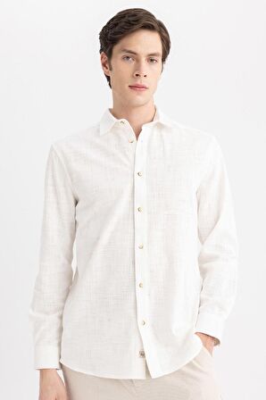 DeFacto Regular Fit Polo Yaka Uzun Kollu Pamuklu Keten Görünümlü Beyaz Gömlek B4129AX24SPWT32