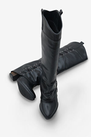 Kadın Bağcık Detaylı Sivri Burun Günlük Çizme Holdes Siyah