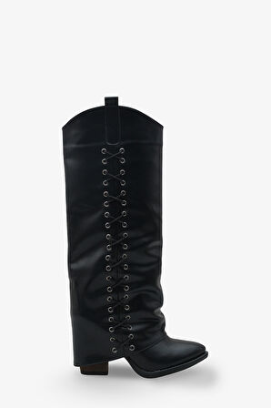 Kadın Bağcık Detaylı Sivri Burun Günlük Çizme Holdes Siyah