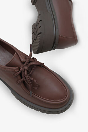 Kadın Hakiki Deri Loafer Bağcıklı Kalın Taban Günlük Ayakkabı Jekos Kahve