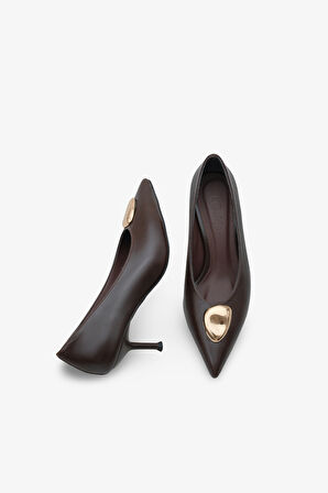 Kadın Sivri Burun Gold Tokalı Günlük Topuklu Stiletto Peris Kahve