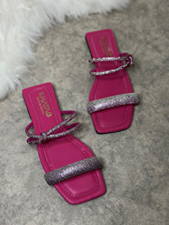 Günlük Kadın Terlik Tek BantlıTaşlı Alçak Topuklu Küt Burunlu Rahat Taban Hafif 09