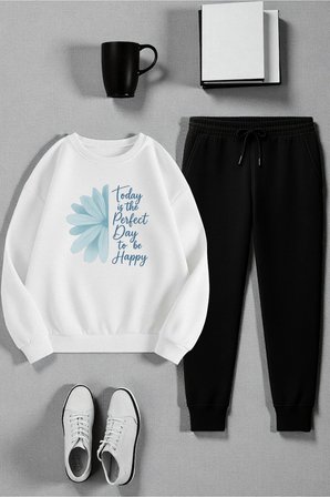 Unisex Today is The Perfect Tasarım Basklı Bisiklet Yaka Sweatshirt - 2'li Eşofman Takımı