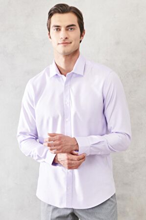 Erkek Lila Slim Fit Dar Kesim %100 Pamuk Armürlü Klasik Non-ıron Gömlek