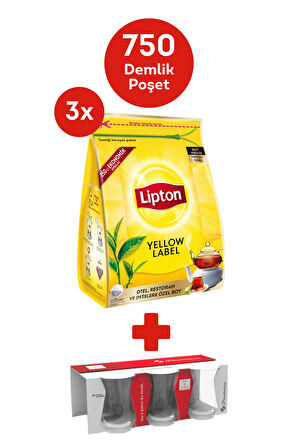 Lipton Yellow Label Demlik Poşet Çay 250li x 3 Adet + Hediye Paşabahce Çay Bardağı 6lı