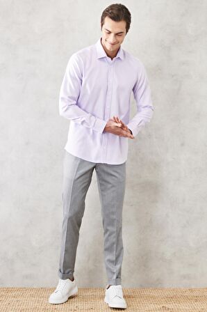 Erkek Lila Slim Fit Dar Kesim %100 Pamuk Armürlü Klasik Non-ıron Gömlek