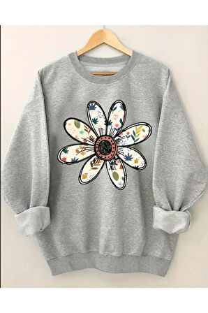 Çiçek Baskı Detaylı Bisiklet Yaka İçi Polarlı Sweatshirt