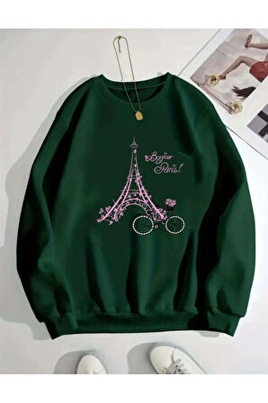 Eyfel Baskı Detaylı Bisiklet Yaka İçi Polarlı Sweatshirt