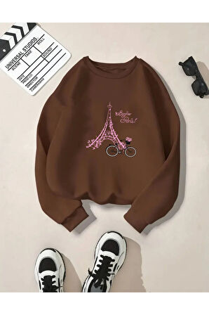 Eyfel Baskı Detaylı Bisiklet Yaka İçi Polarlı Sweatshirt